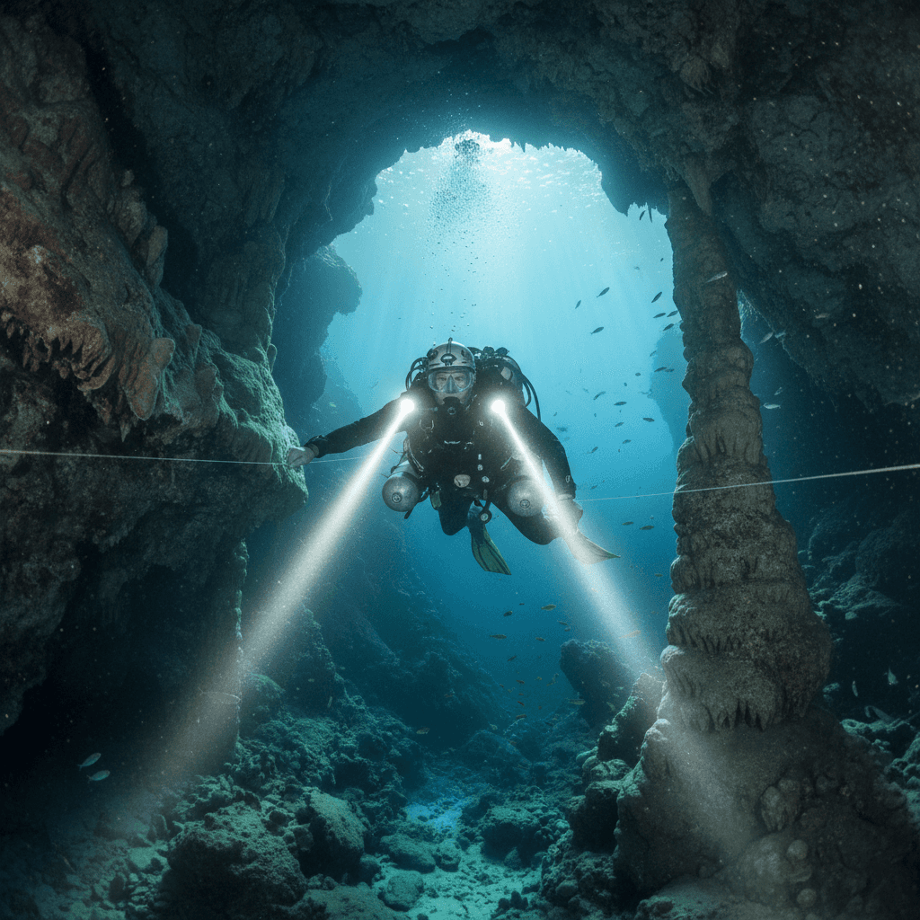 Two scuba divers exploring underwater cave system with torch lights