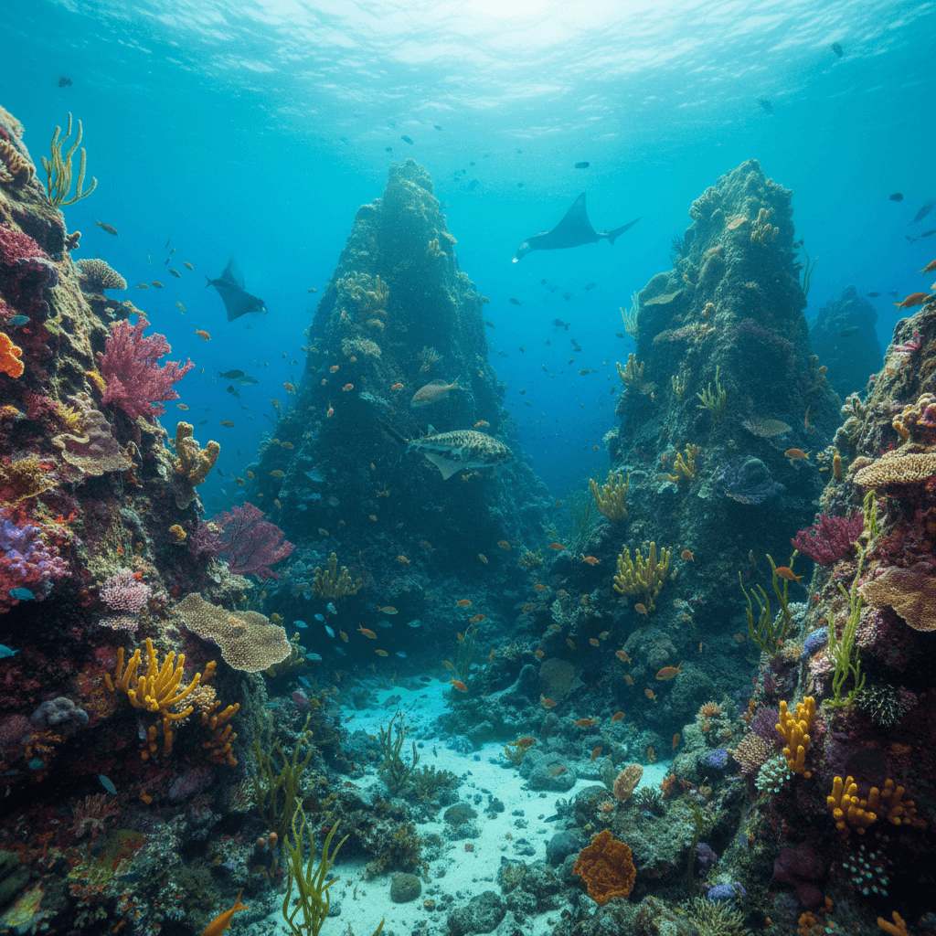 Deep blue ocean water with light rays creating beautiful underwater atmosphere
